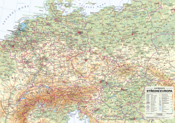 Střední Evropa nástěnná obecně zeměpisná mapa. S lištami v tubusu, 1 : 1 715 000